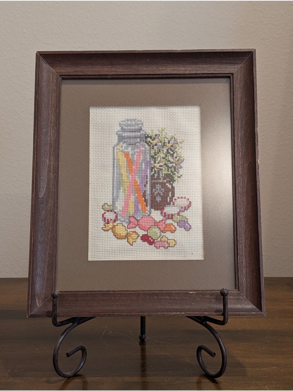Vintage Framed Matted Candy Jar Cross Stitch Needlepoint Kitchy Colorful 9"x 11"